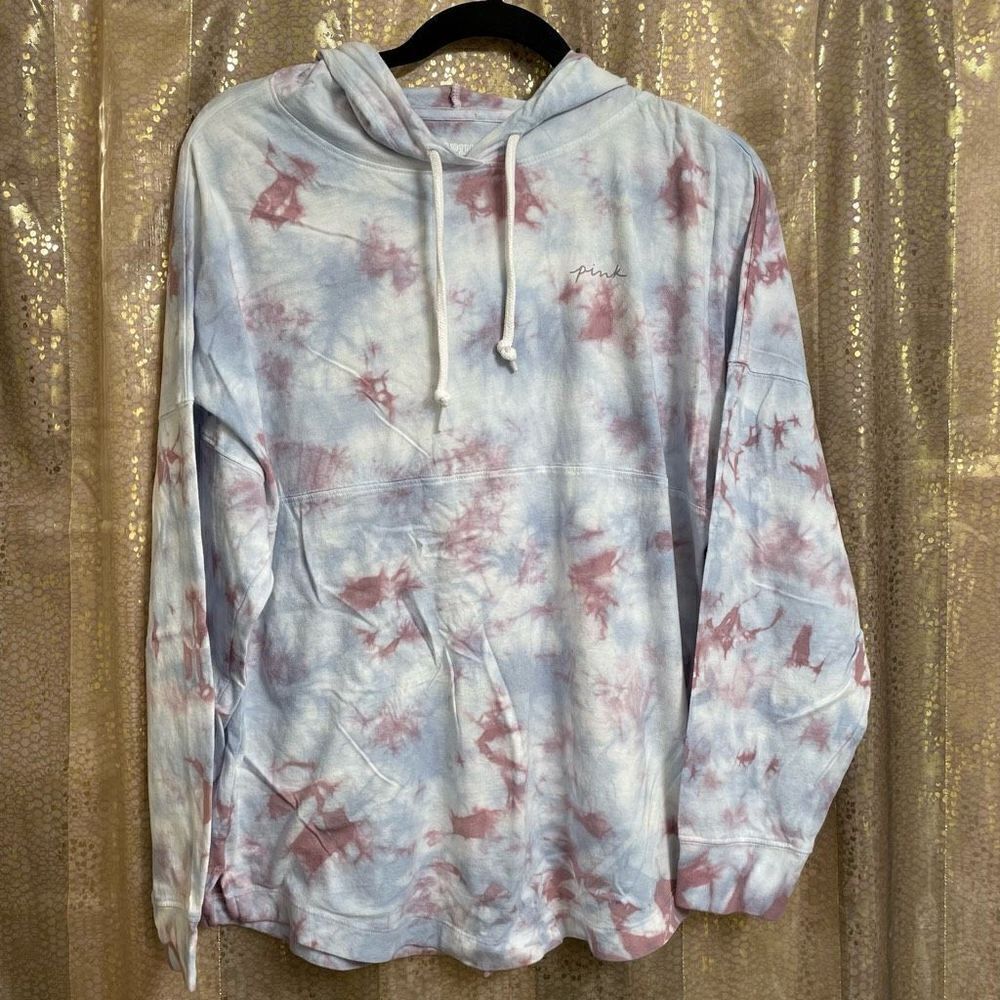 PINK Victorias Secret tie dye blue/mauve logo pullover hoodie,  oversized XS